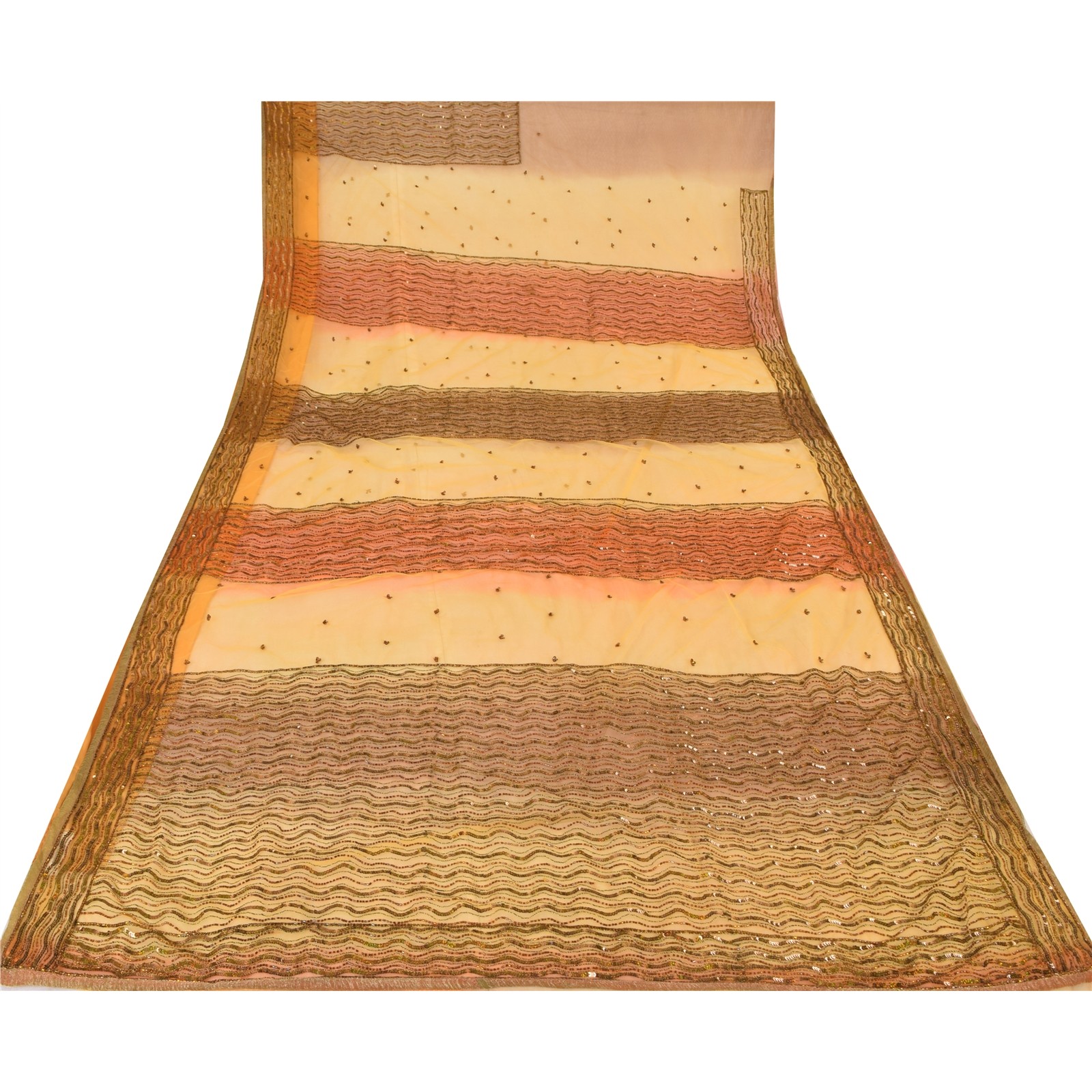 Sanskriti Vintage Yellow/Orange Sarees Net Mesh Hand Beaded Ethnic Sari Fabric