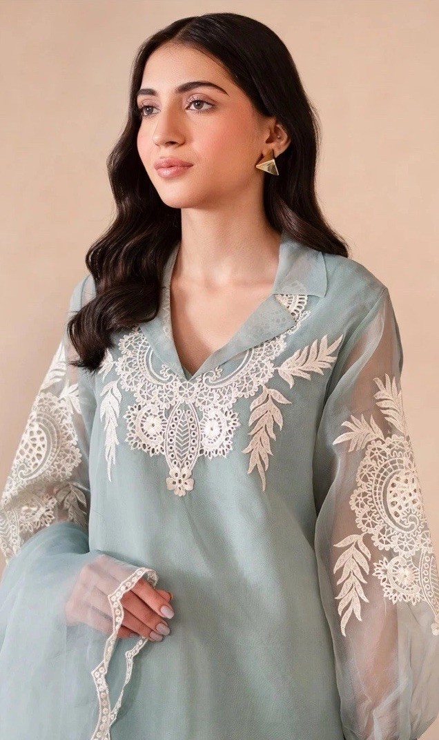 Charizma Light Blue Embroidered Chiffon Salwar Kameez for Women Size L