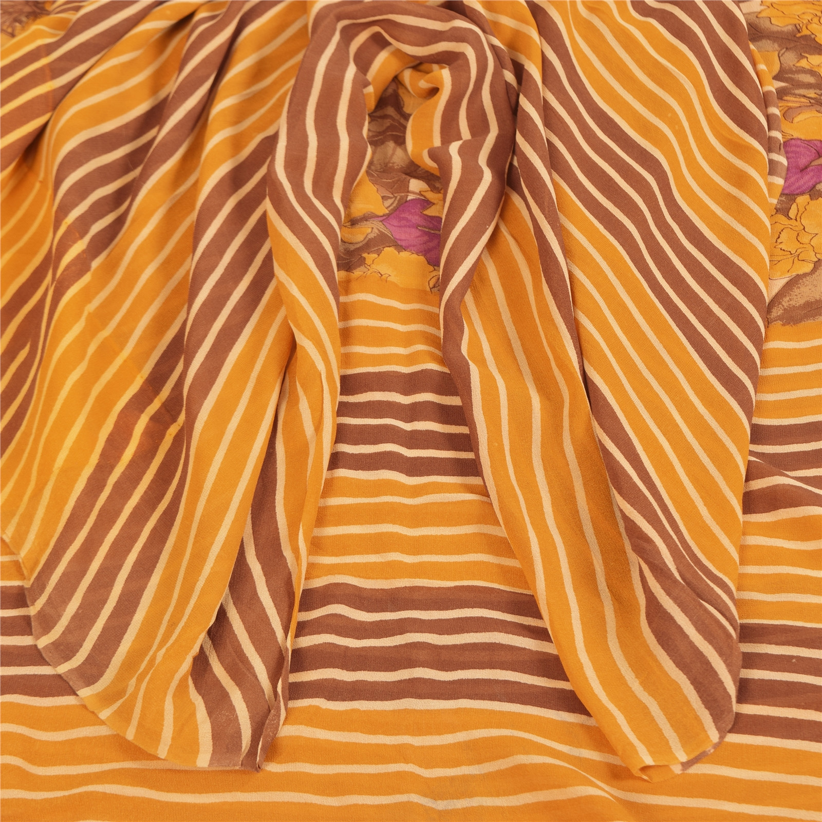 Sanskriti Vintage Sarees Yellow Pure Georgette Silk Print Sari 5+Yd Craft Fabric