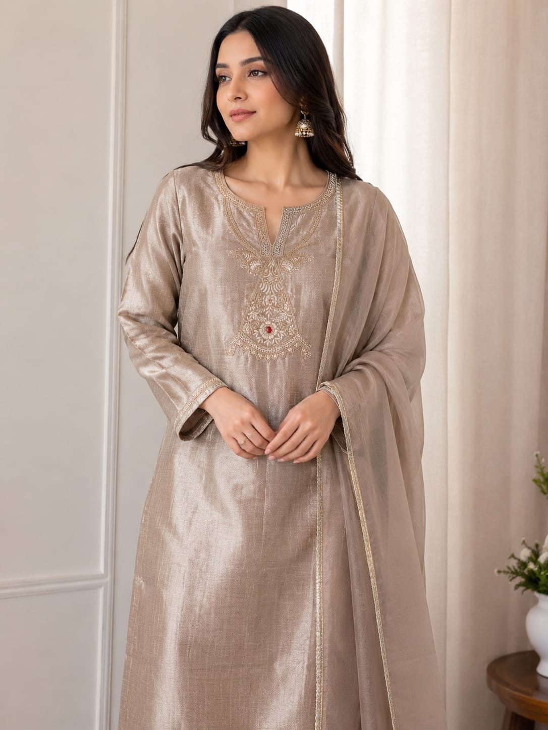 Luxury Light Golden Tissue Silk Hand Embroidered Salwar Suit Set with Organza…