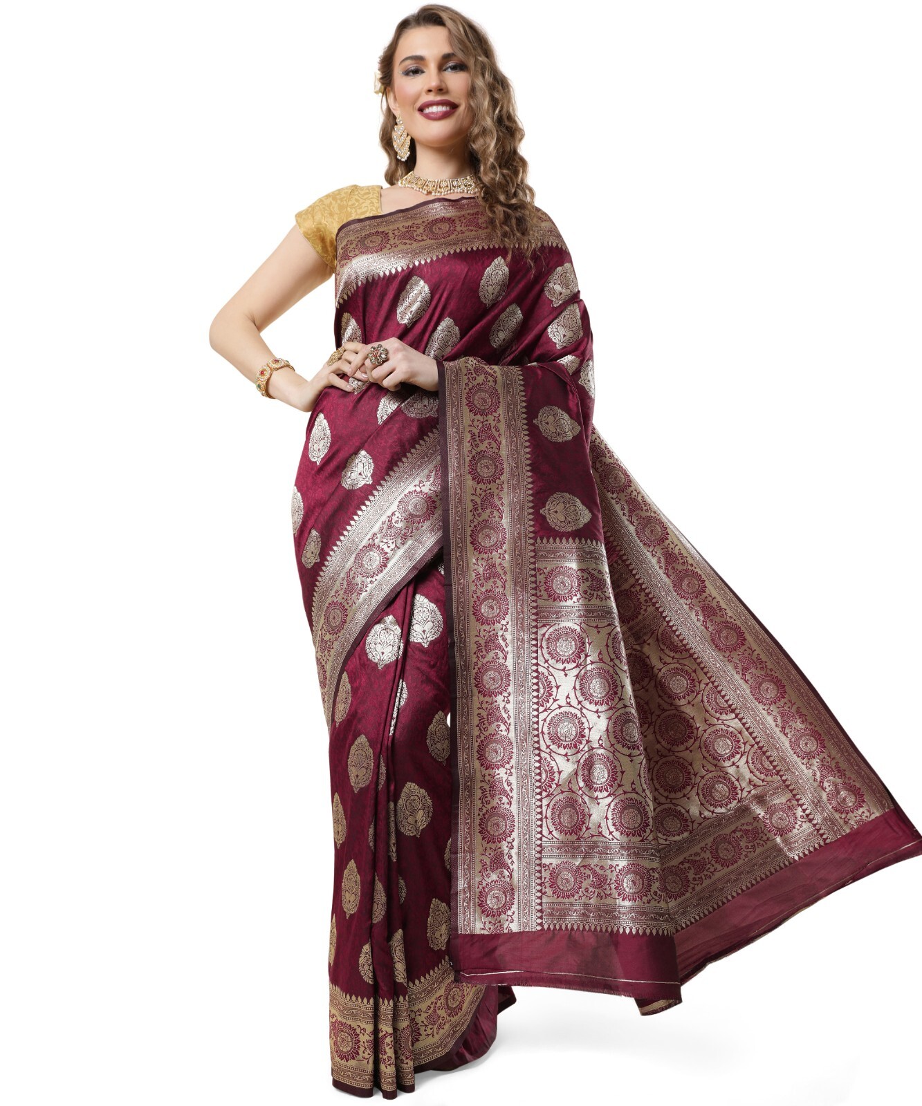 Areca Designer Royal Maroon Butto Silk saree blouses women Saree cut- 5.5 meter