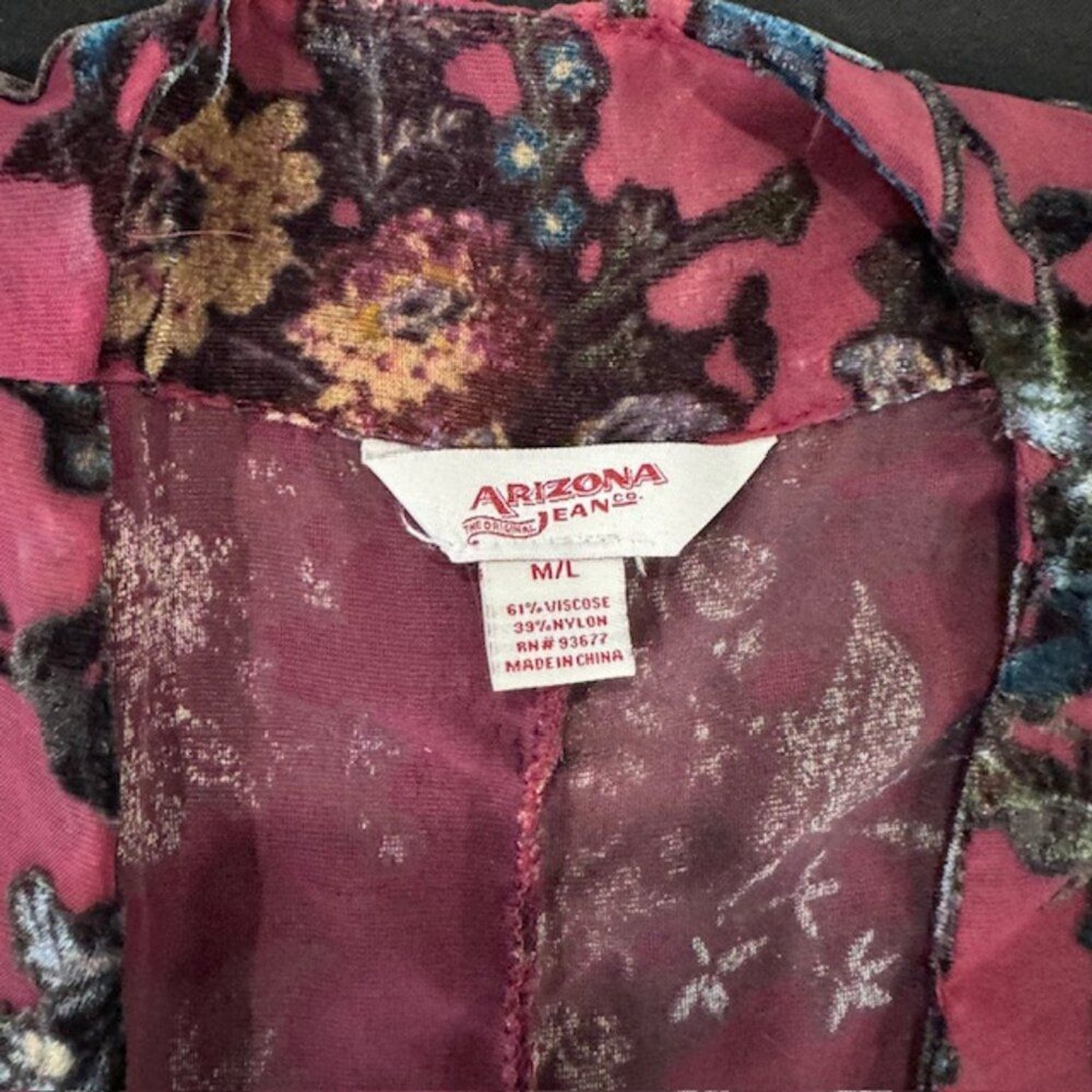 Arizona Jean Co. Velvet Burnout Floral Kimono Robe – Size M/L