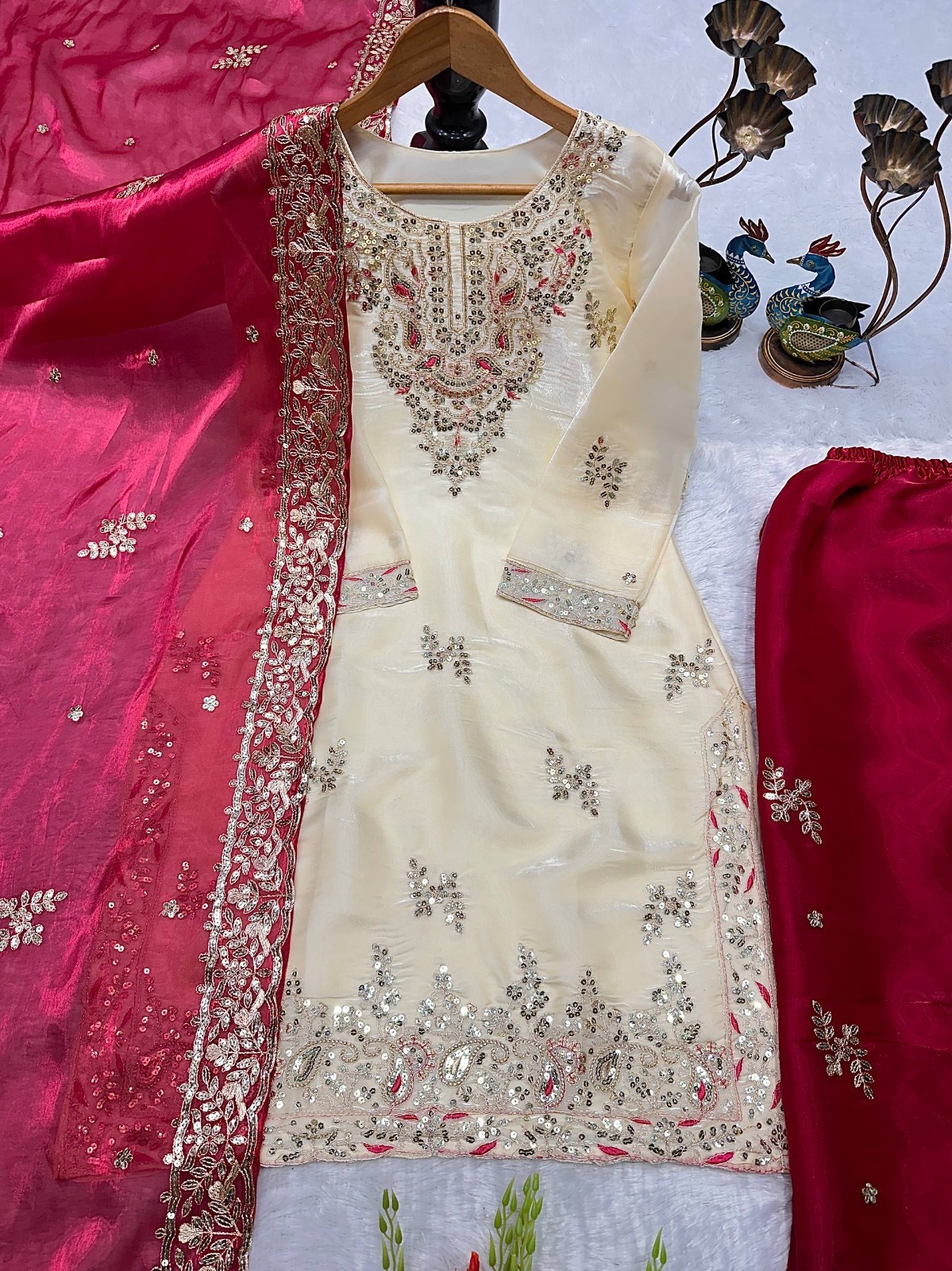 Stunning Heavy Silk Top Palazzo With Pink Dupatta For Women Party Wear