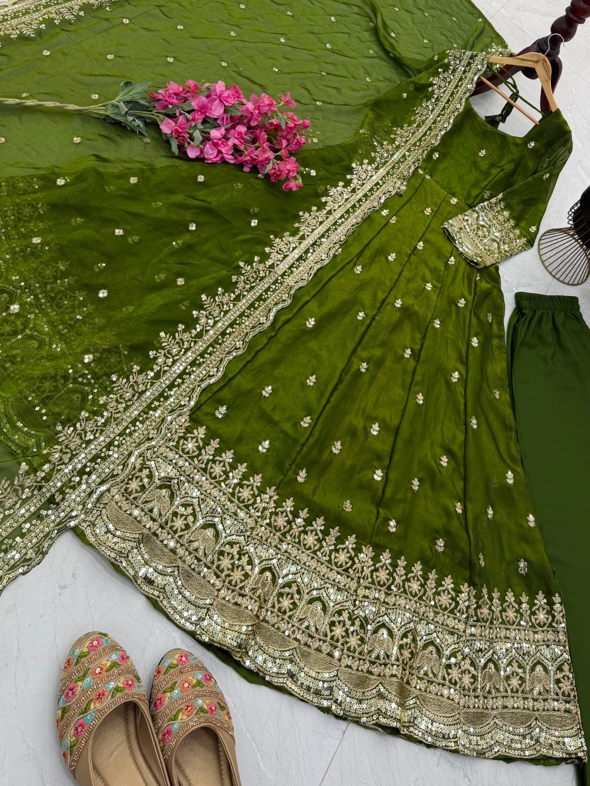 Mahendi Green Fendy Silk Designer Ready Made Embroidery Anarkali Suit Set M