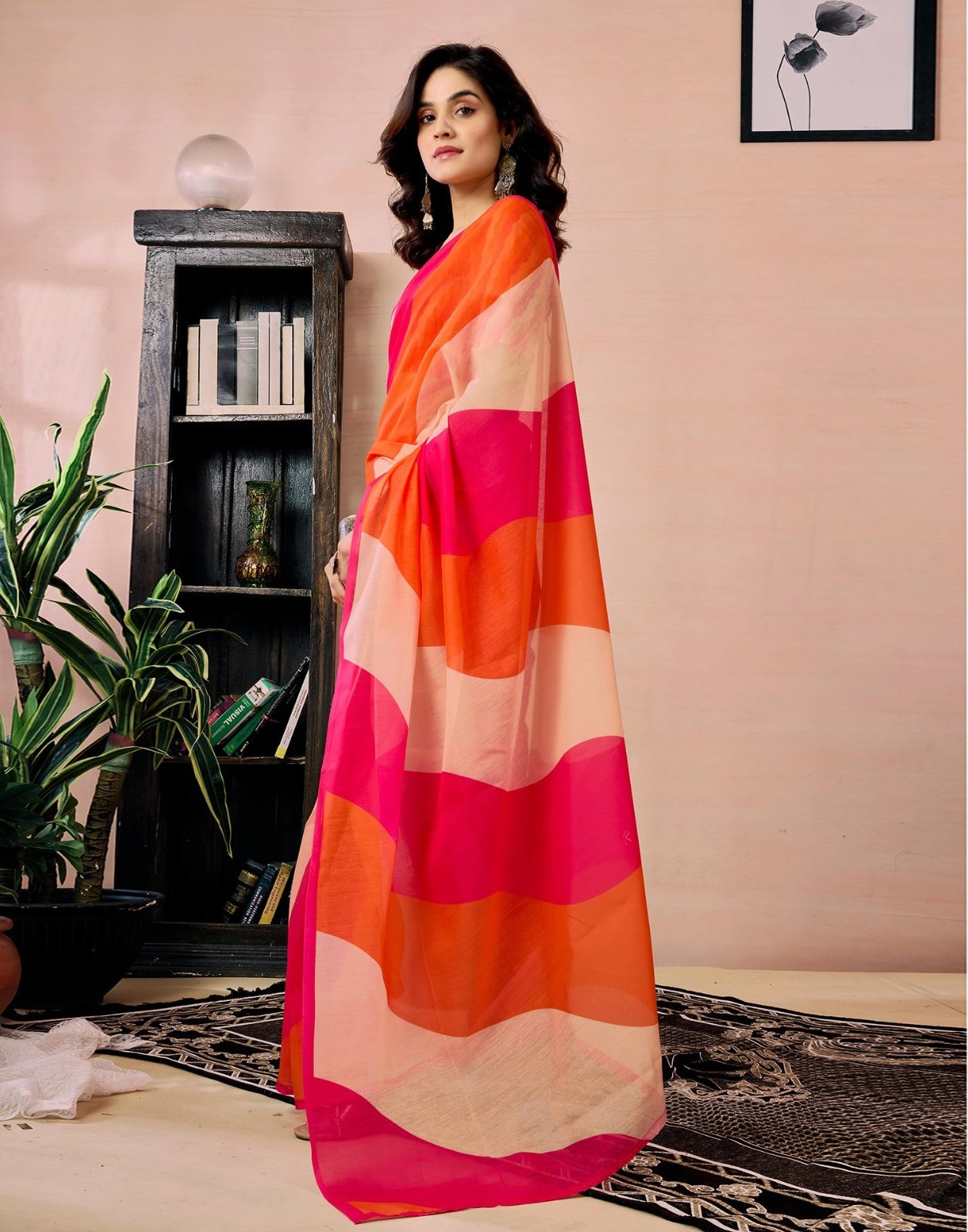 Bollywood Indian Orange Pink Chanderi Cotton Ready To Wear One Minute Saree