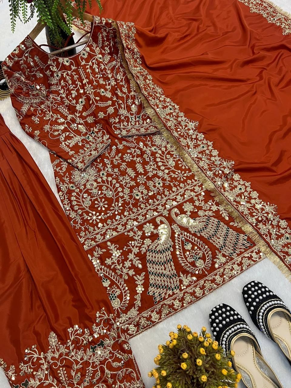 Exclusive Look Heavy Natural Crepe Top Bottom With Orange Dupatta For Function