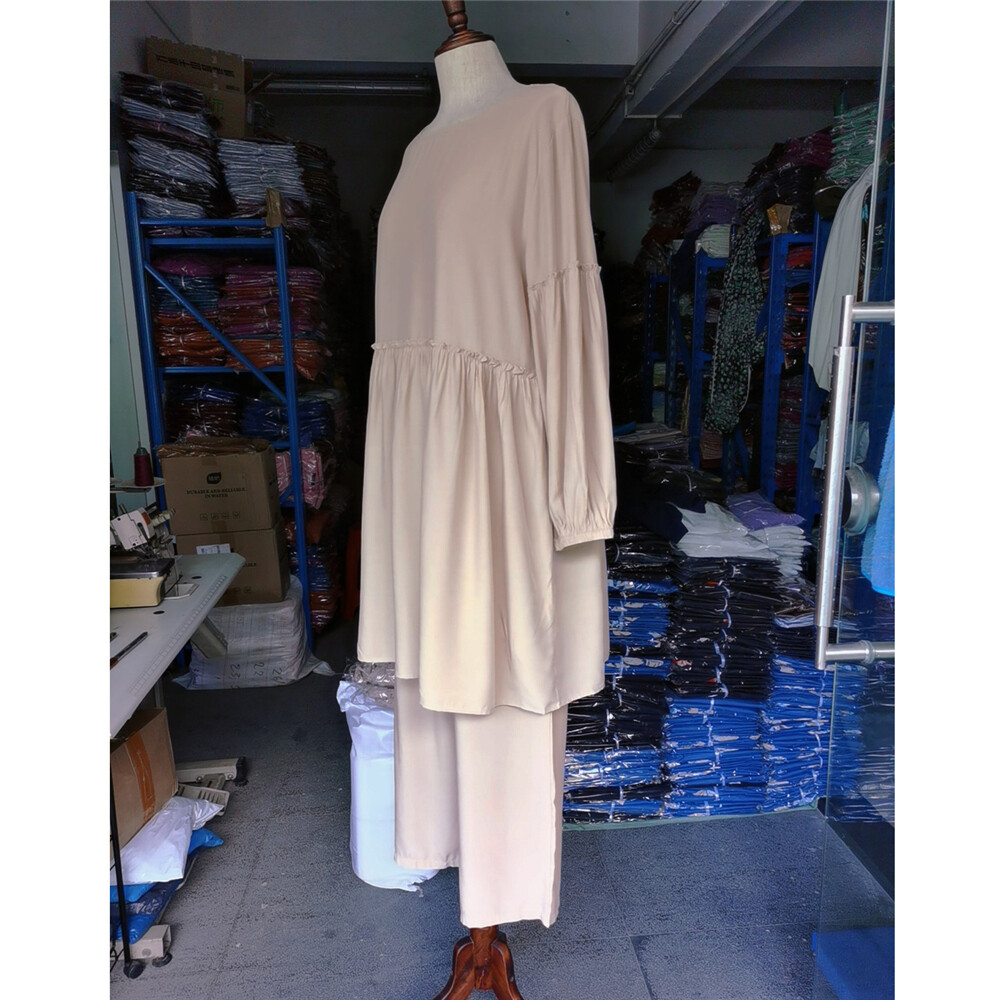 Muslim Blouse Pant Two Piece Set Women Long Sleeve Robe Abaya Islamic Dress Arab