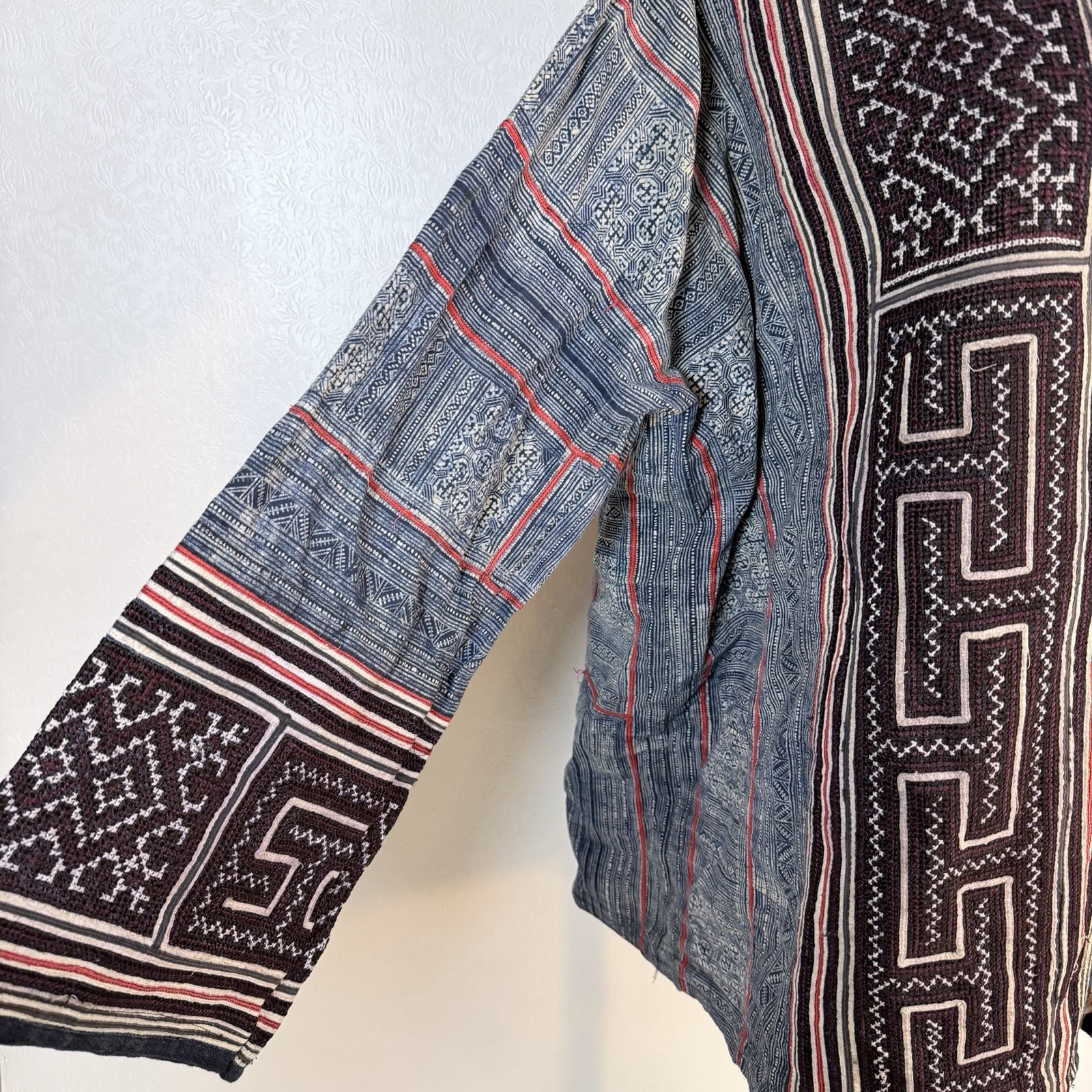 Vintage Hmong Handwoven Ethnic Jacket XL Blue Indigo Geometric Tribal Pattern