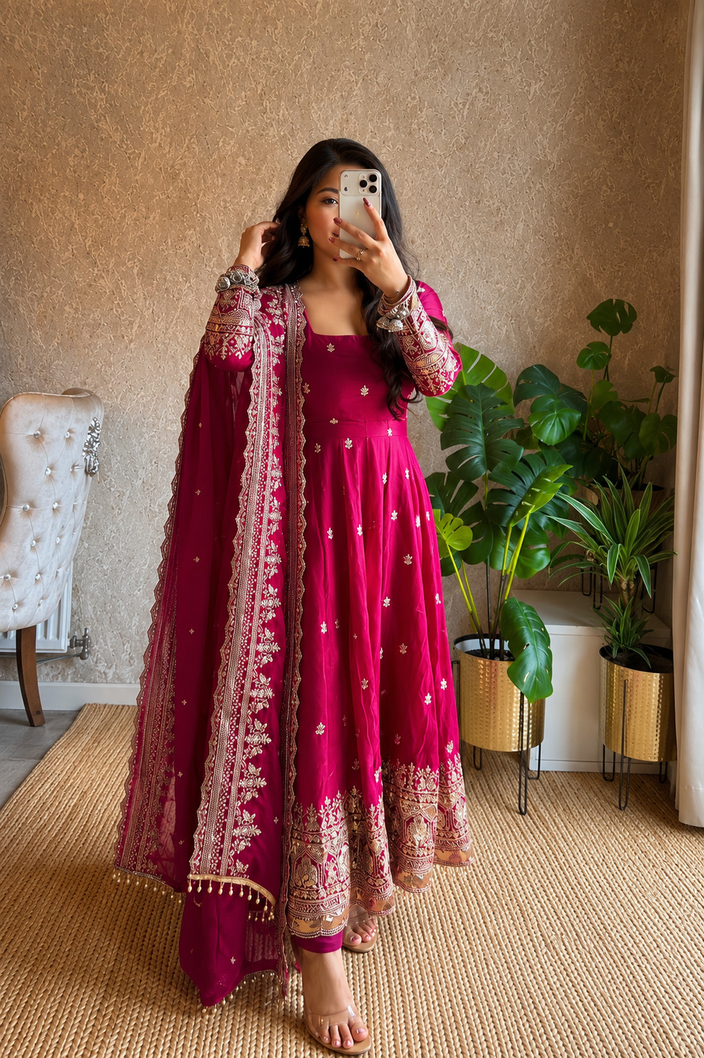 Rani Pink Fendy Silk Ready Made Designer Embroidery Anarkali Party Wear Suit XXL