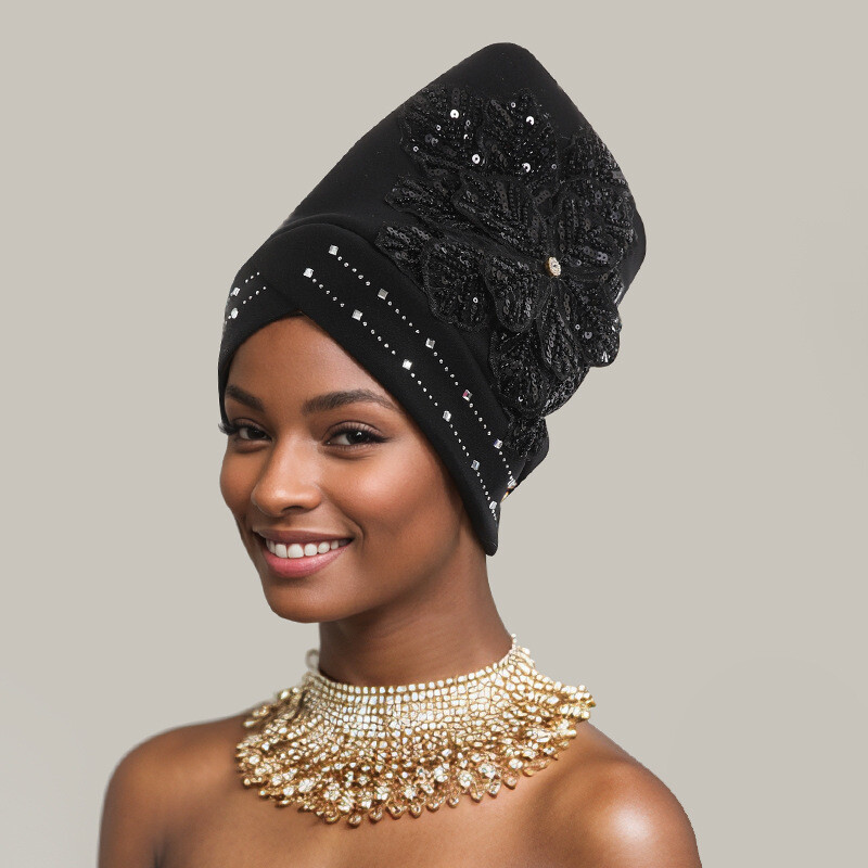 African Women Head Wrap Turban Headtie Nigerian Cap Sequins Headwear Wedding Hat