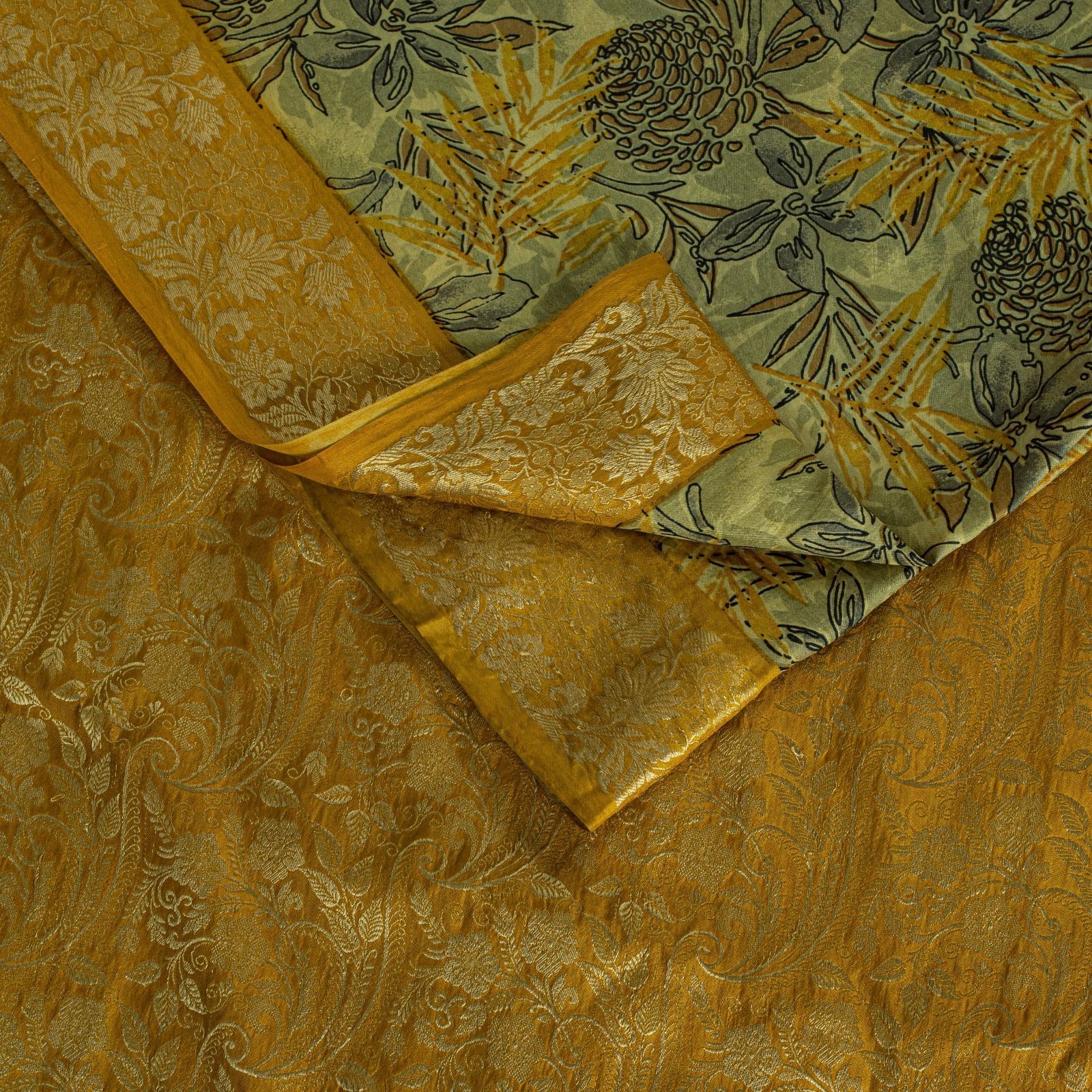 Sanskriti Vintage Saree Green-Yellow Soft Pure Silk Floral Print-Woven Sari 5.5Y