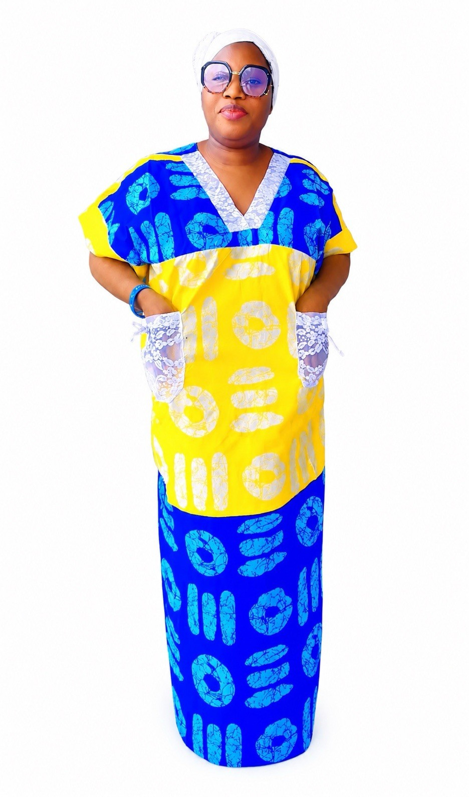 Women’s Blue Yellow African Cotton Kaftan Boubou Maxi Dress One Size Woven