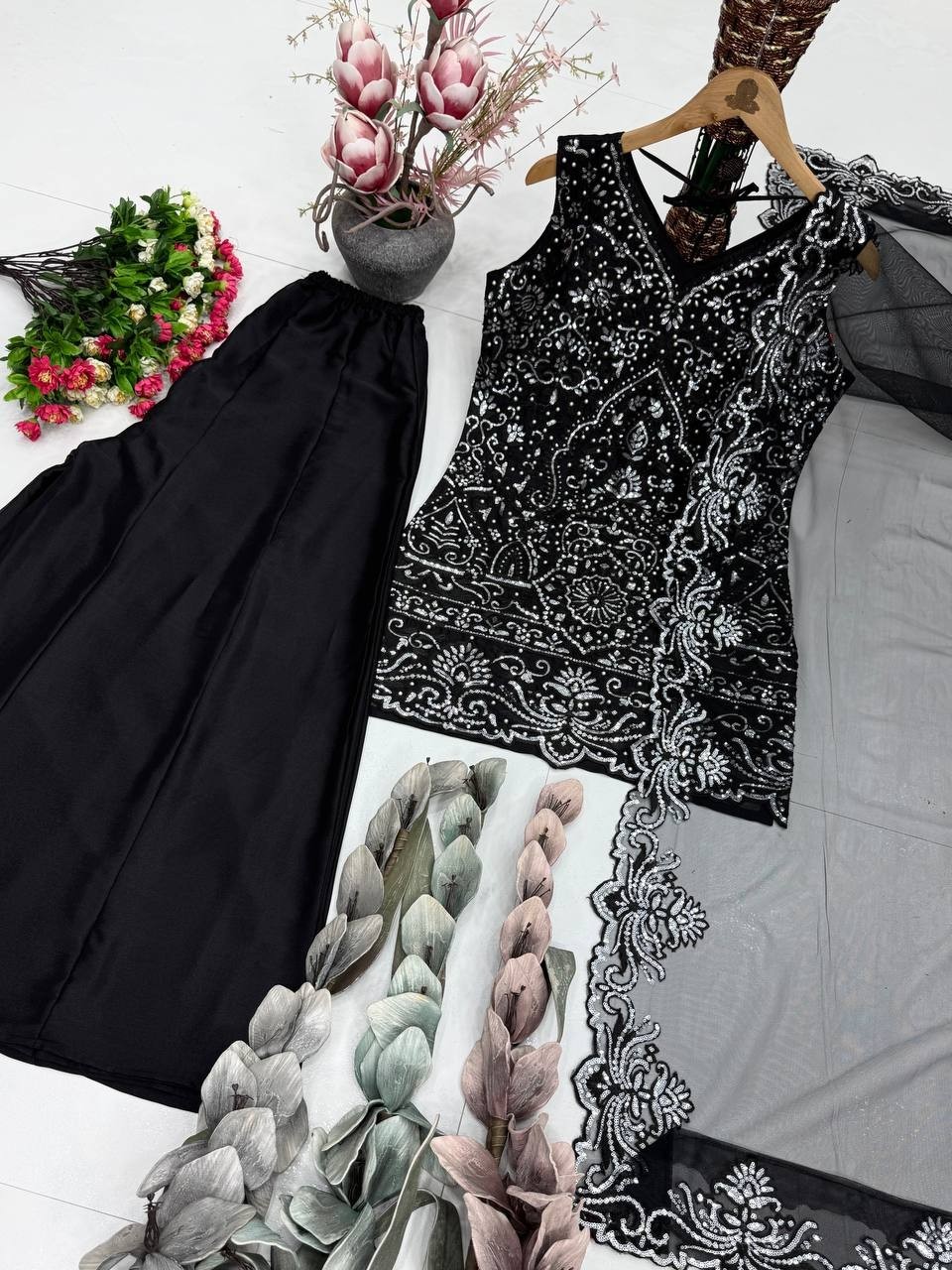 Stylish Designer Black Georgette Kurta Palazzo With Dupatta For Party Wear