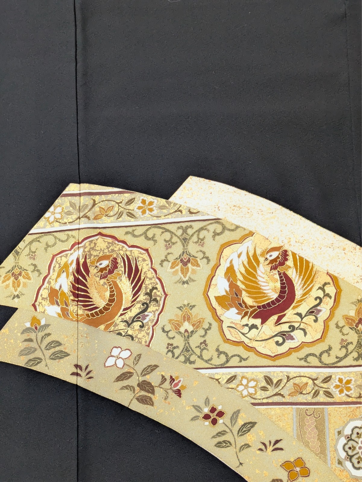 Authentic Japan Kimono Silk Black Tomesode Gold Phoenix Embroidery Textile Art