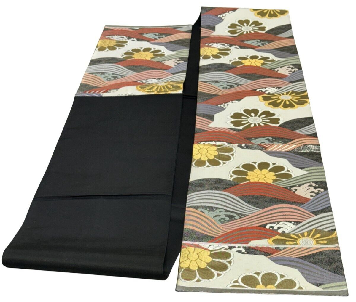 Japanese Vintage Kimono Fukuro Obi silk black embroidery expensive 170×12.2in