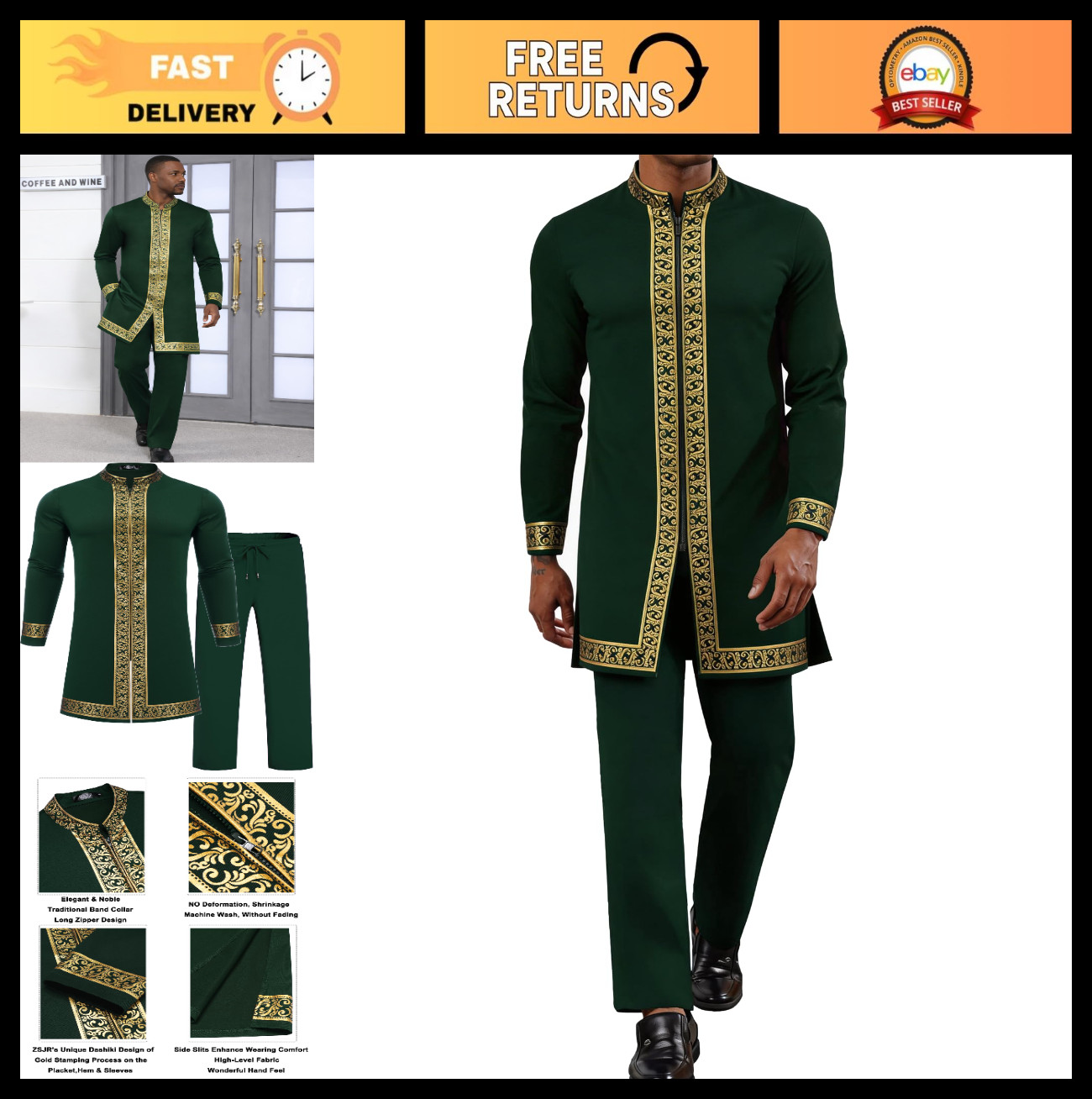 Men’s African 2-Piece Dashiki Set – Metallic Shirt & Pants Outfit for Weddings,