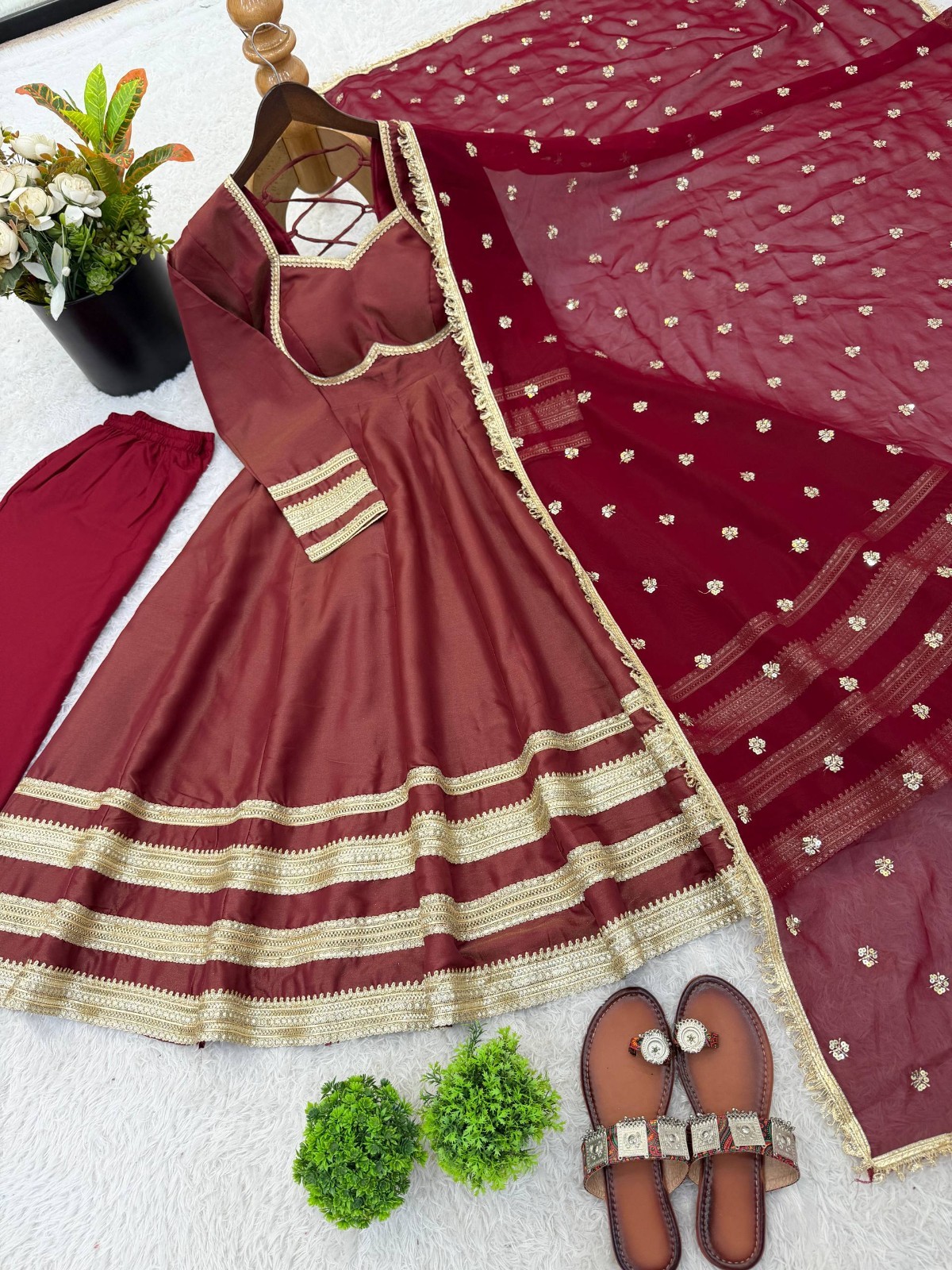 Readymade Cosmos Gold Maroon Gown Bottom With Dupatta For Function Wear