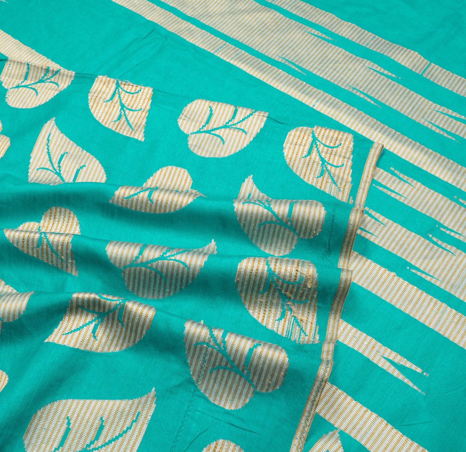 Sushila Vintage Sea Blue Green Saree Pure Tussar Leaf Woven Sari Soft Fabric