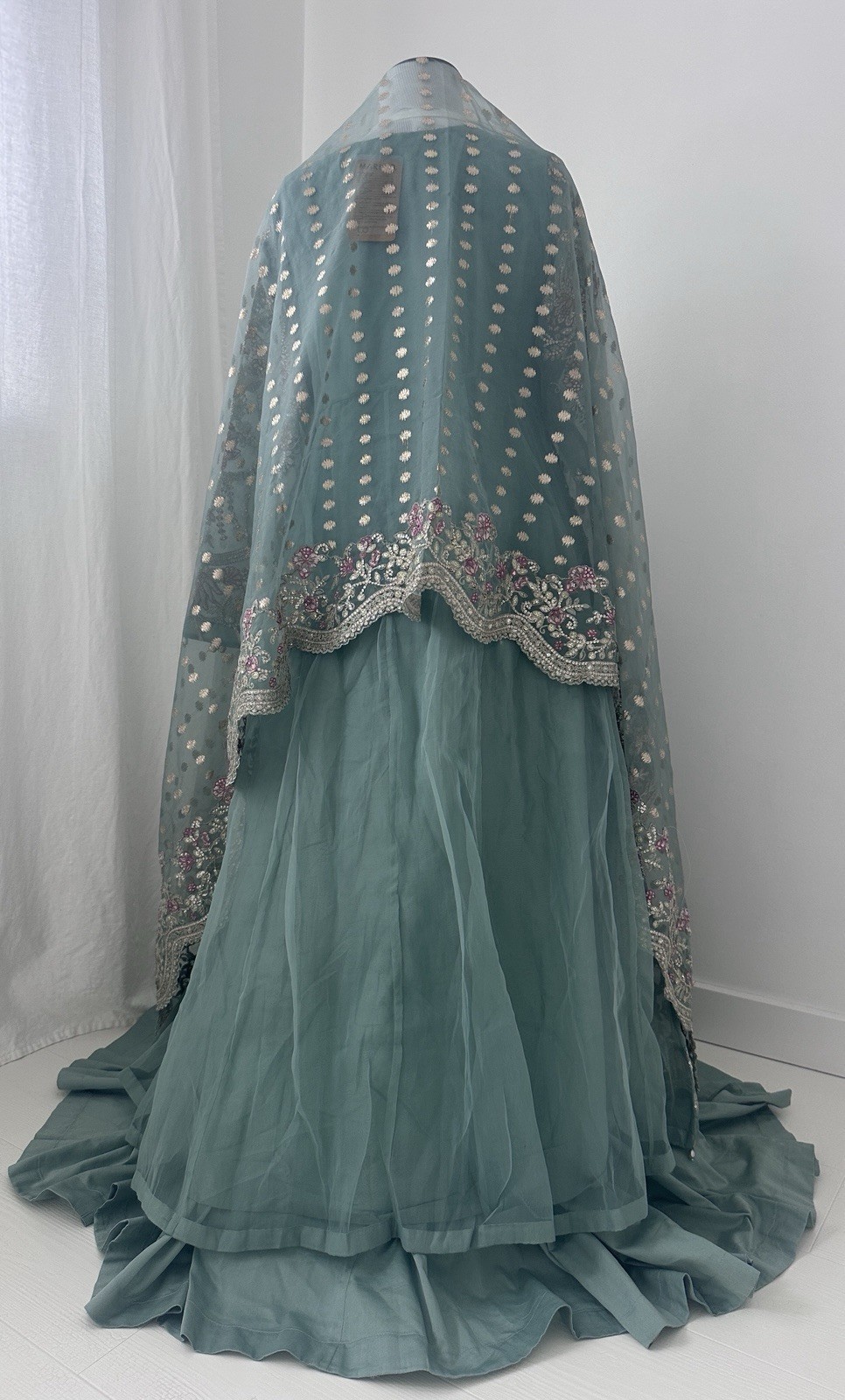 NWT Maria B 3 pc Outfit Dress sz L Gown Skirt Shawl Embroidery Bead/Sequin Green