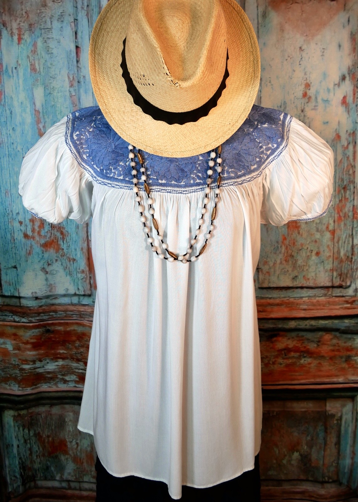 Sm Peasant Blouse Hand Embroidery Blue & White Rayon Fabric Mayan Chiapas Mexico