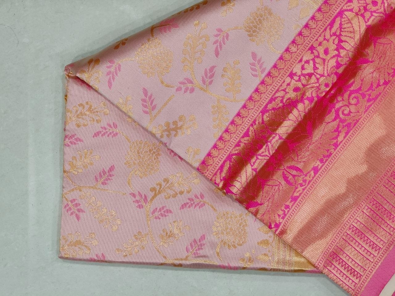 Wedding Wear Golden Beige Pink Lichi Silk Saree Jacquard Weaving Indian Ethnic