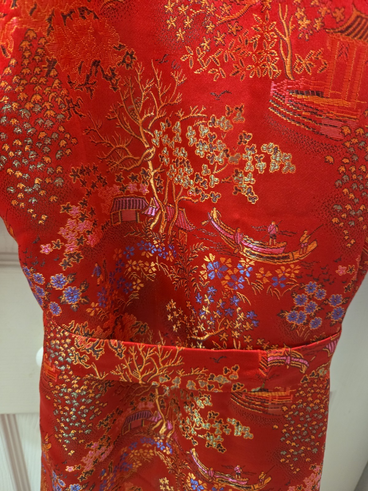 Double Peach Long Heavy Silk Red Gold Jacquard Oriental Kimono Robe Belt O/S