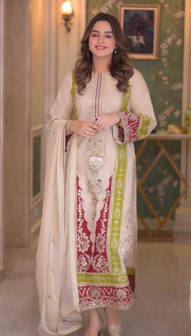 Cream Pakistani Salwar Kameez Embroidered Net Dupatta Party Wear Suit Designer