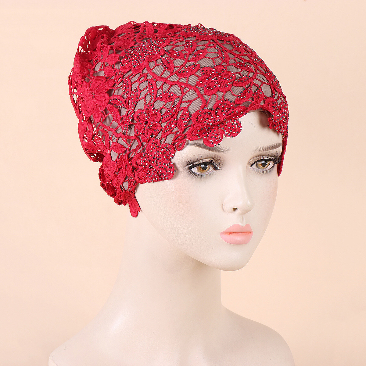 Women Muslim Fashion Cap Lace Rhinestone Flower Pullover Hollow Arab Chemo Cap