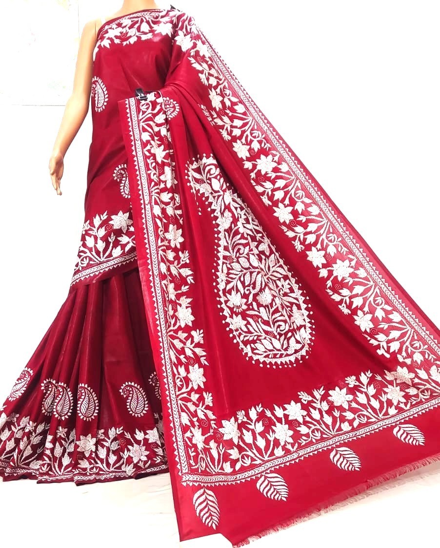 Exclusive Indian Pure Silk Saree Authentic Kantha Hand Embroidery Ethnic Sari