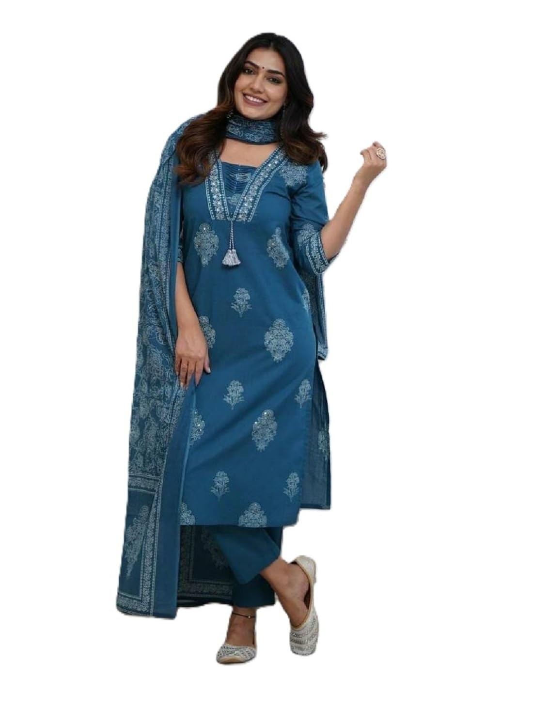 Women’s Pure Cotton Printed with Handwork Kurta with Pants and Dupatta Set