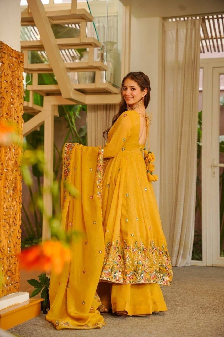 Haldi Pithi Yellow Anarkali Gown Wedding ceremony Wear Gown Palazzo Suits