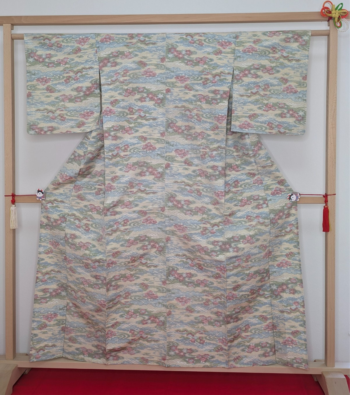 Authentic Japanese Kimono Silk Hitoe Colored Floral Landscape Kasuri Unlined