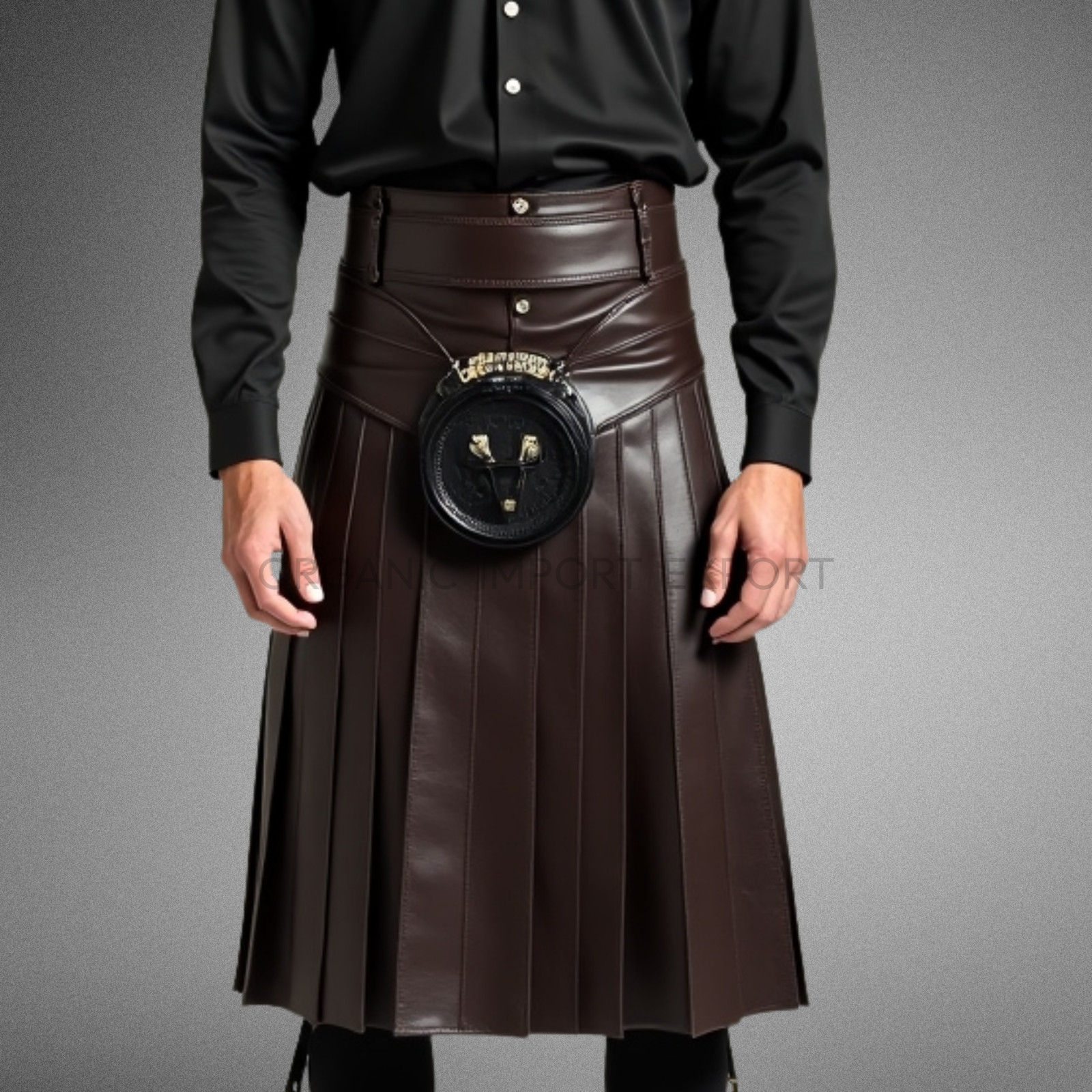 Men’s Brown Leather Kilt Gothic Utility Pleated Skirt & Belt