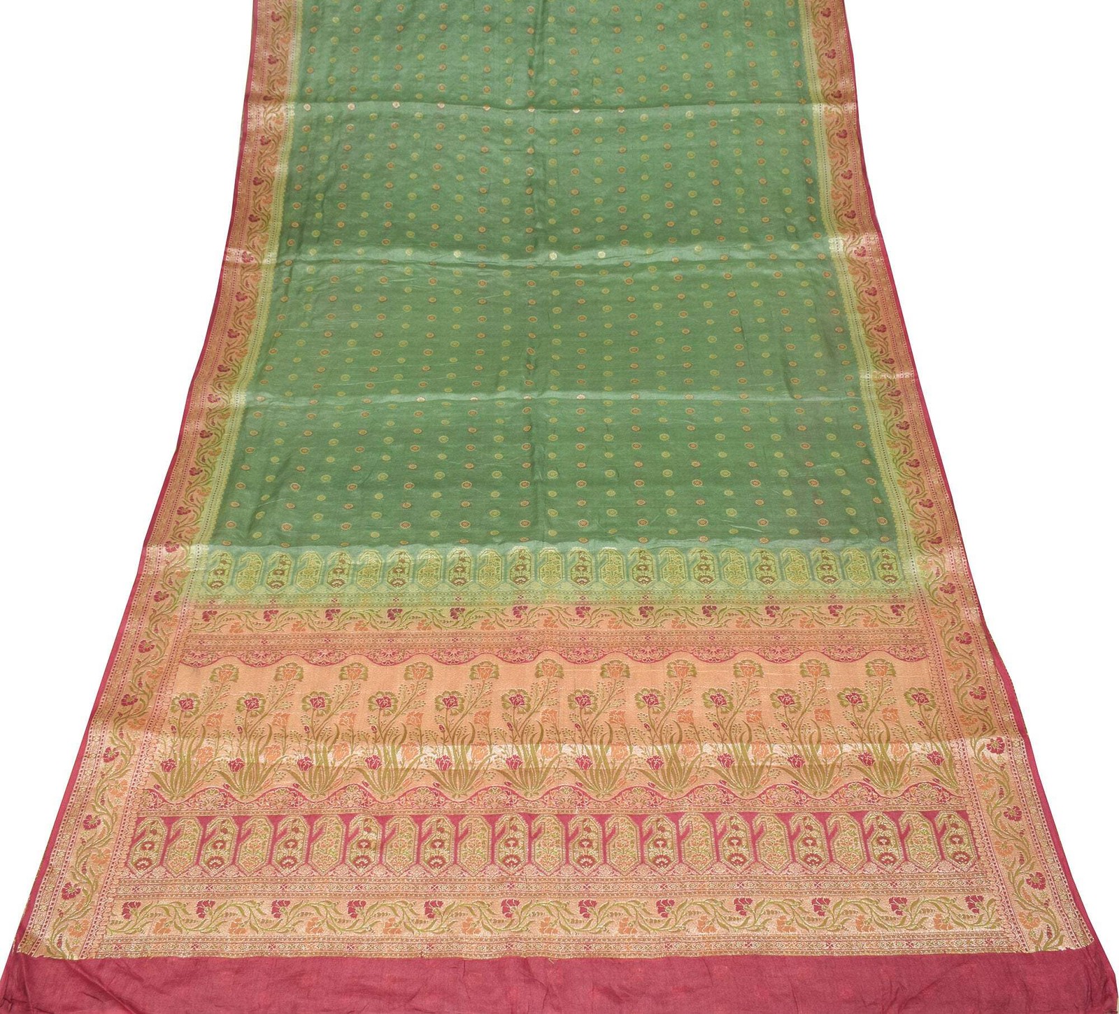 Sushila Vintage Green Floral Saree Pure Tussar Silk Woven Sari Craft Fabric