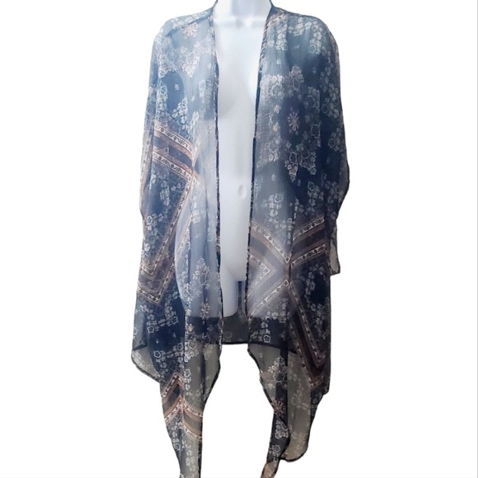 Womens American Eagle Black Sheer Boho Floral Kimono Open Front Cardigan sz Sm