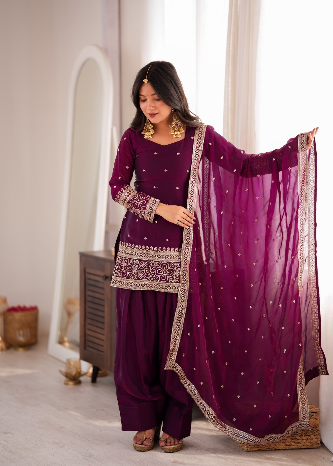 Designer Heavy Fendy Silk Top Kurta with Farshi Shalwar Glass Roman Silk Dupatta
