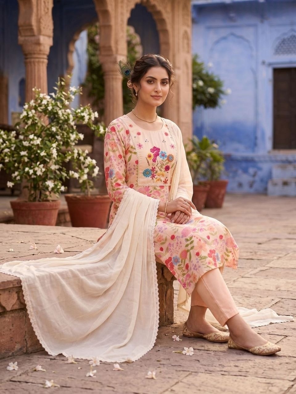 Women Designer Kurta Pant Dupatta Set Indian Bollywood Cotton Blend Kurti Dress