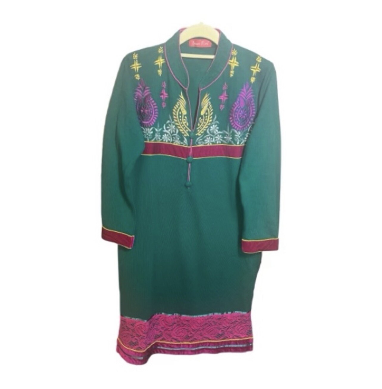 Embroidered green Kurta Snow Fire TM Large dress green pink yellow red