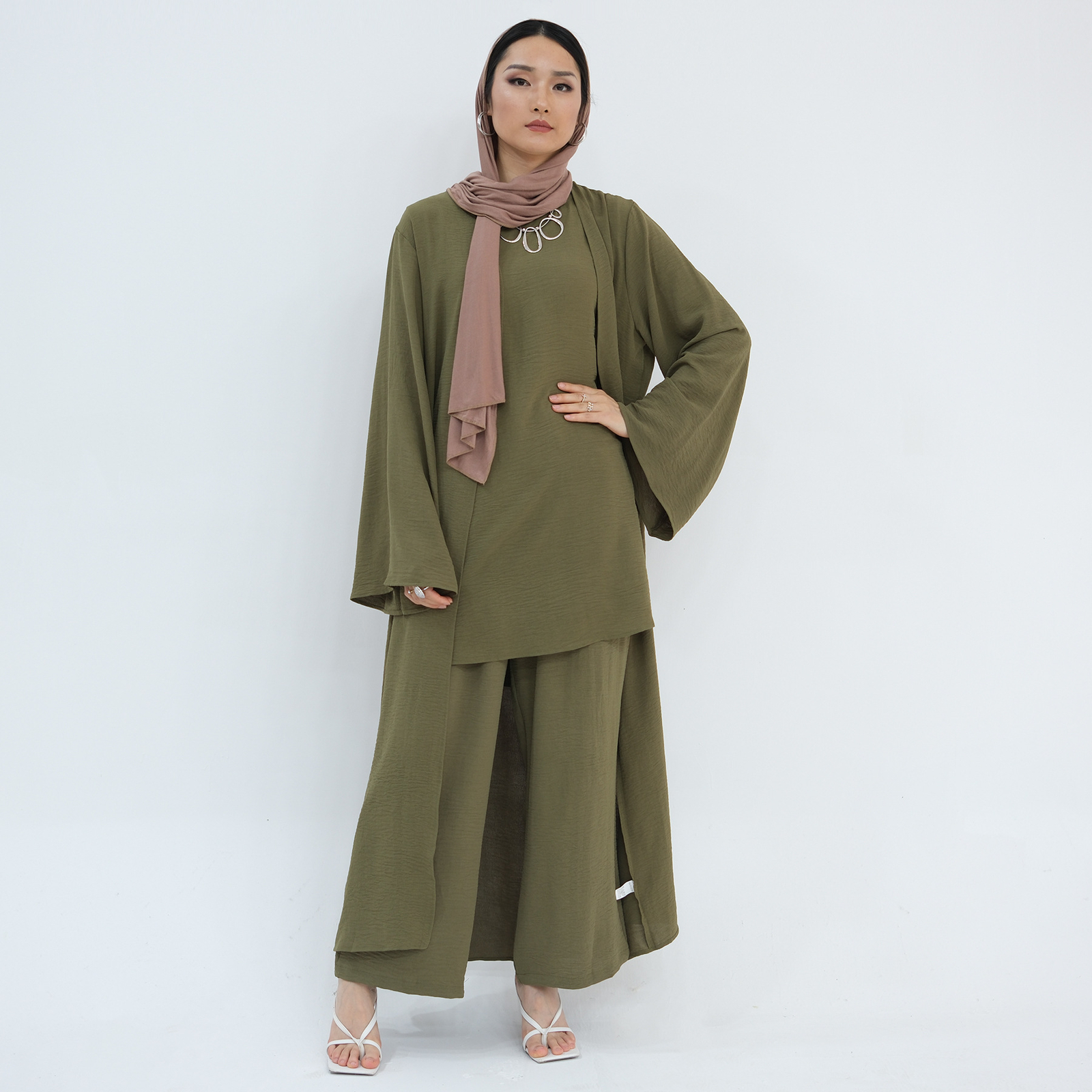 Muslim Women 3pcs Set Open Kimono Vest Pants Kaftan Dress Dubai Abaya Outfits