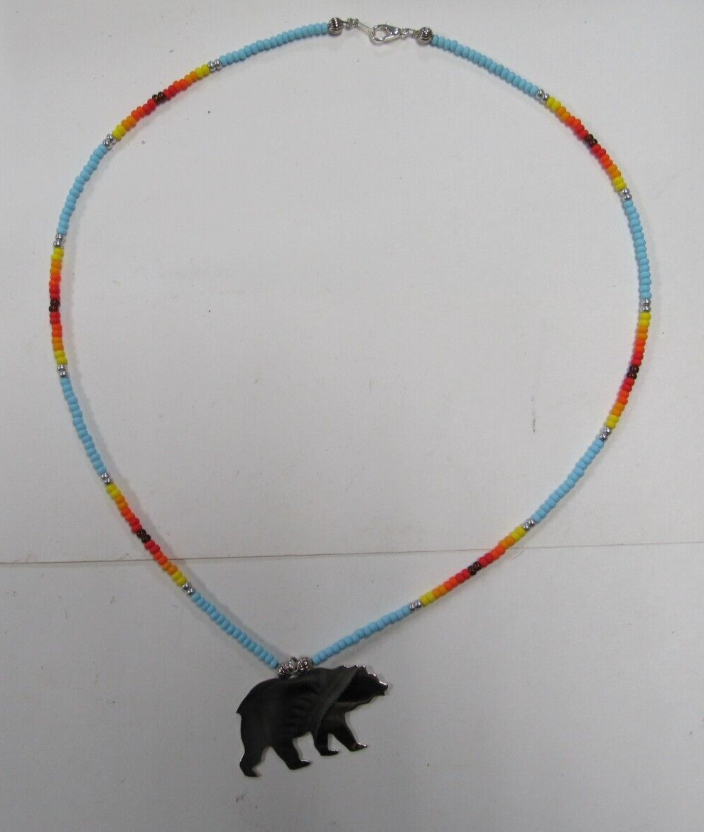 Native American Seminole Handmade Bear Fetish Nickel Silver Necklace C Johnson