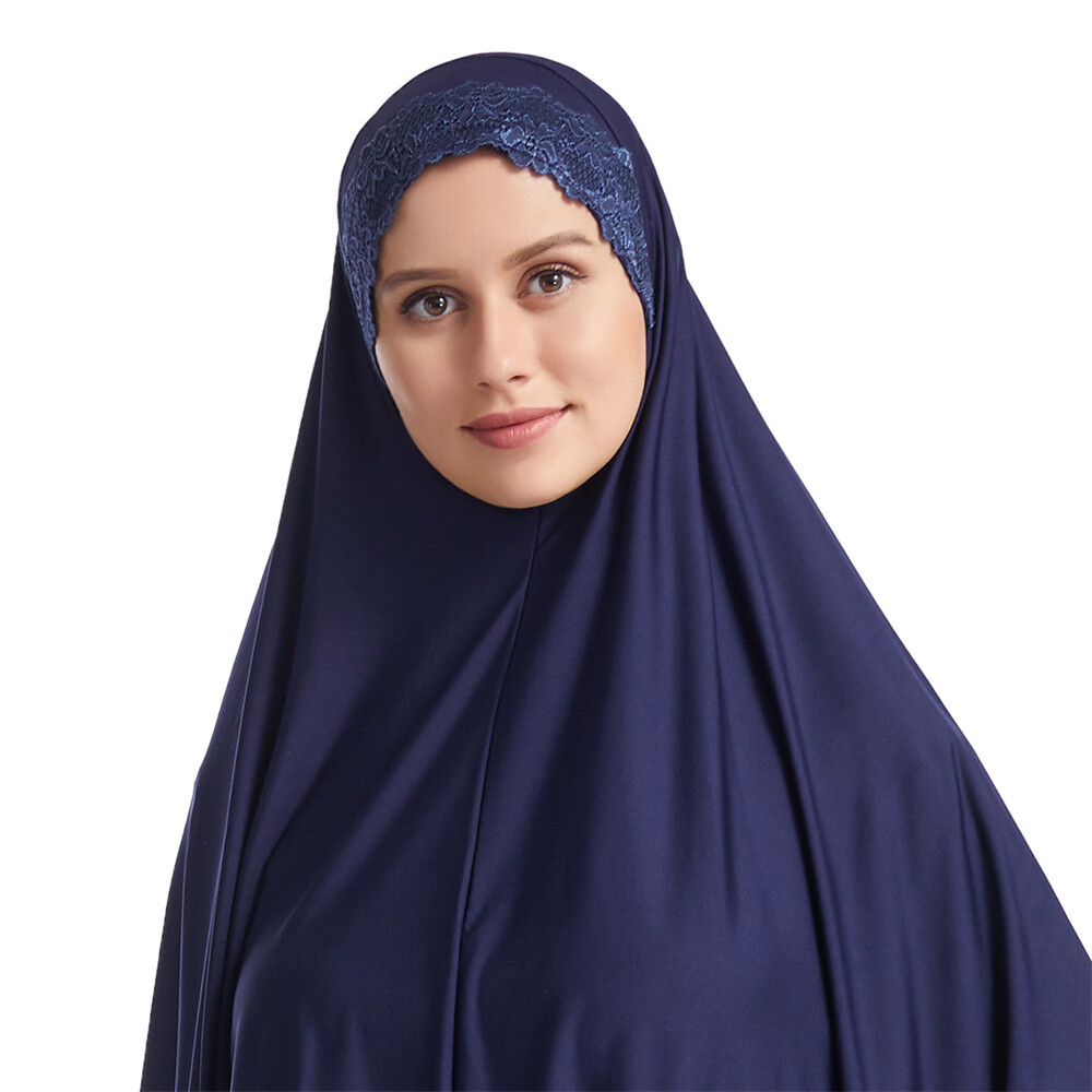 Muslim Women Ramadan Scarf Hijab Islam Prayer Turban Amair Lace Trim Headcover