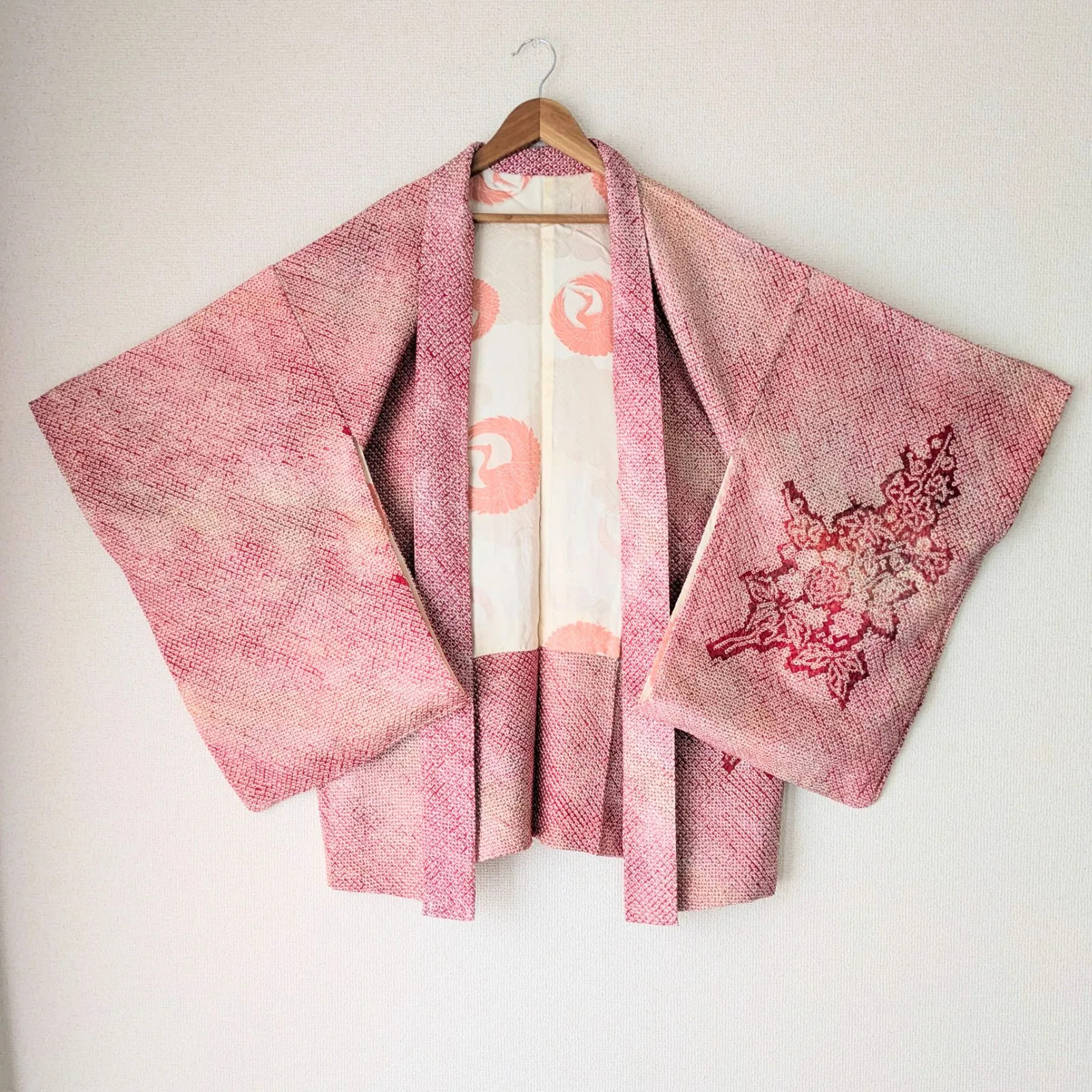 Vintage Japanese Pure Silk Haori Shibori Kimono Jacket Red Gradation Floral