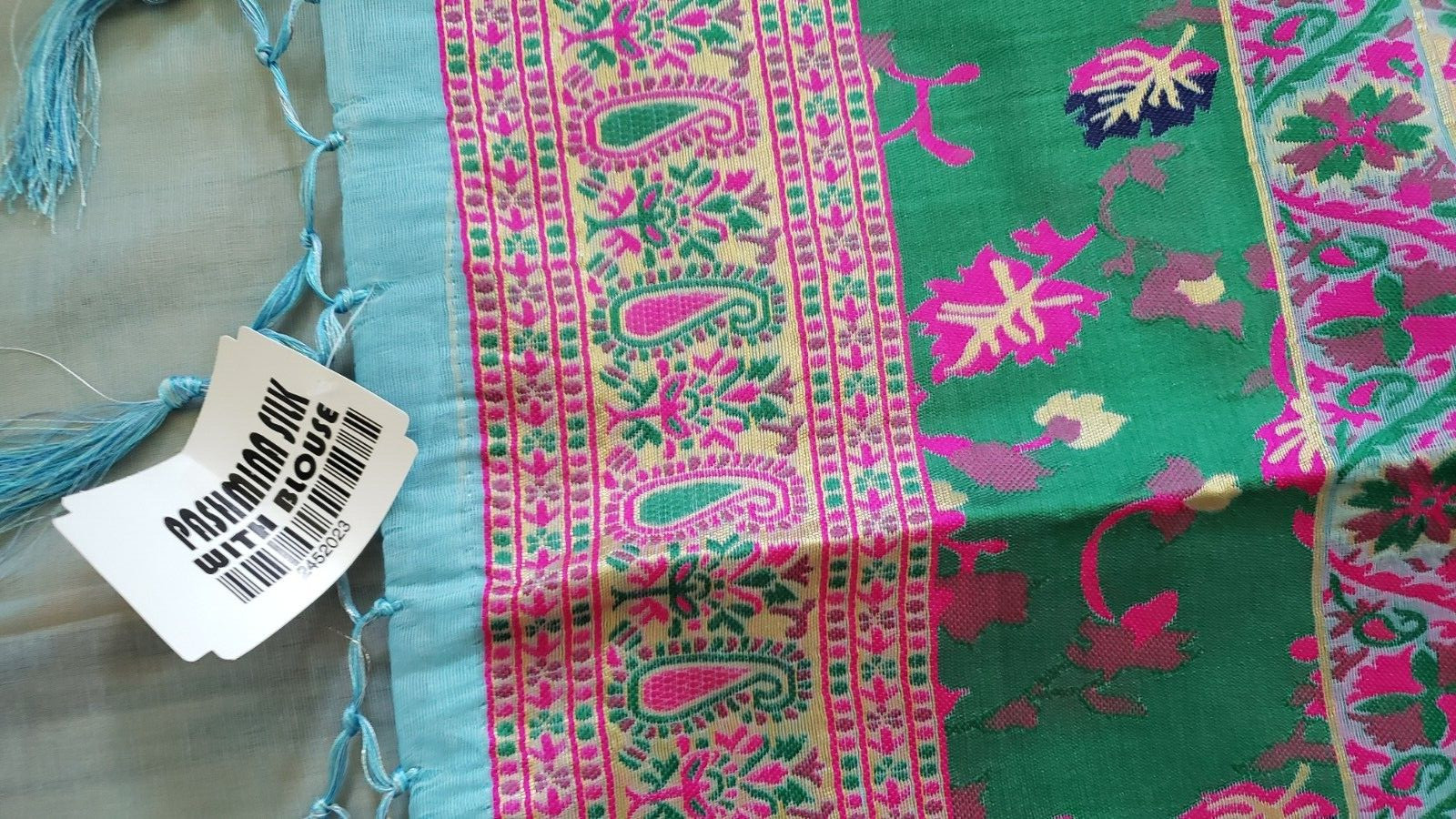 Pashmina Silk Kani Weaving Handloom Saree Blue with Unstitched Blouse