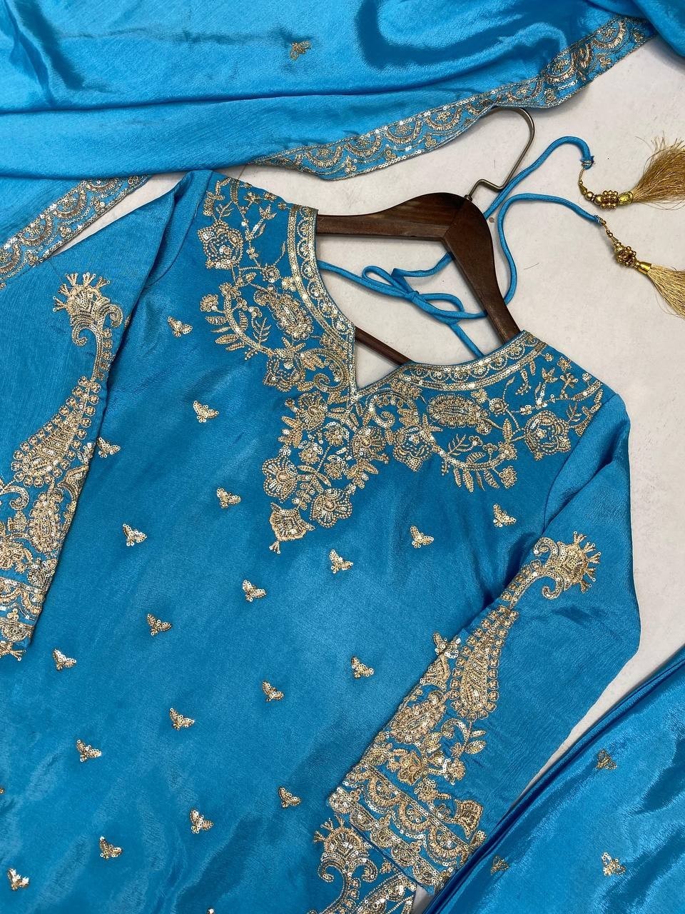 Beautiful Chinon Silk Sky Blue Top Palazzo With Dupatta For Party Wear