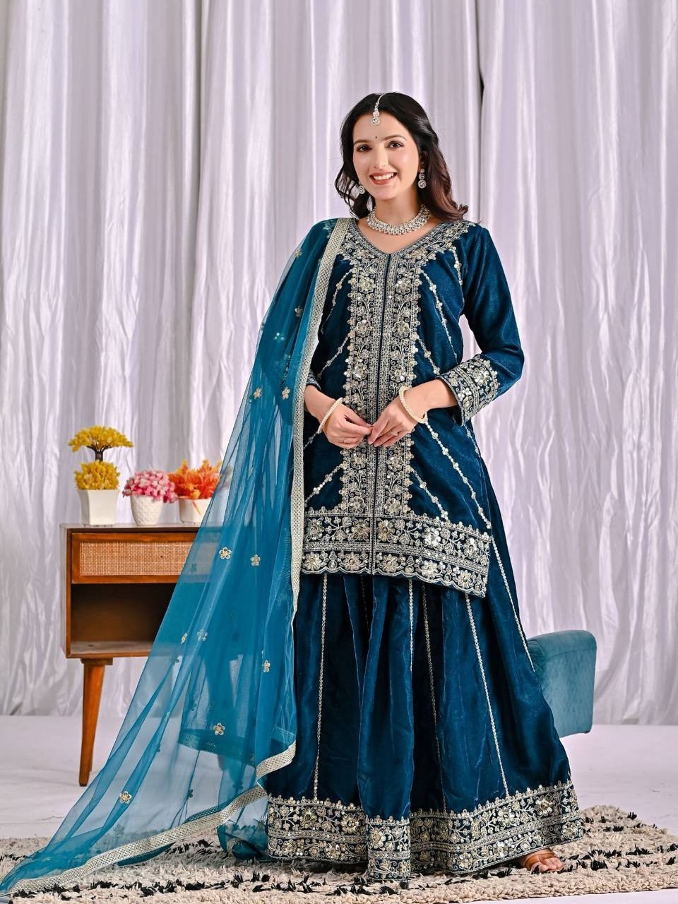New Arrival Heavy Viscose Velvet Kurta Palazzo With Net Dupatta For Women