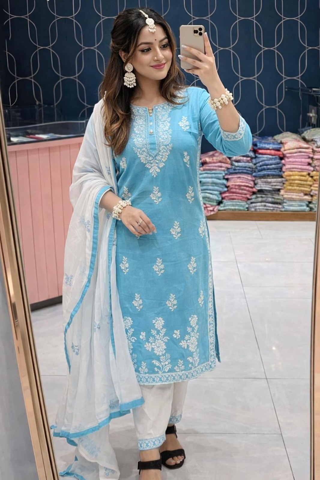 3Pcs SkyBlue Floral Chikankari Kurta Pant With Dupatta Set For Women Pure Cotton