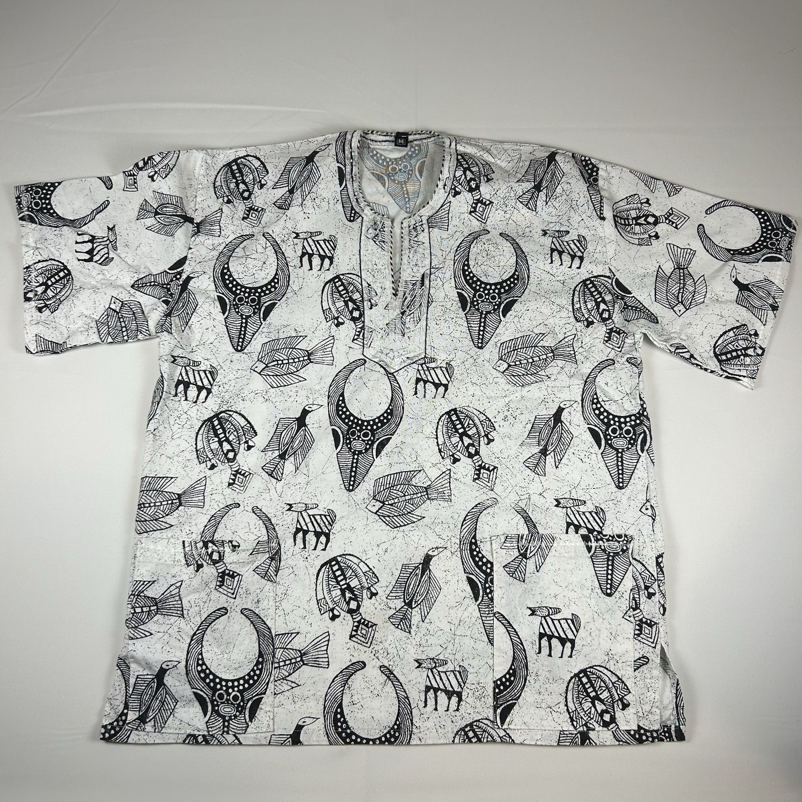 African Dashiki Unisex Black White Ethnic Cotton Travel Summer Shirt Large