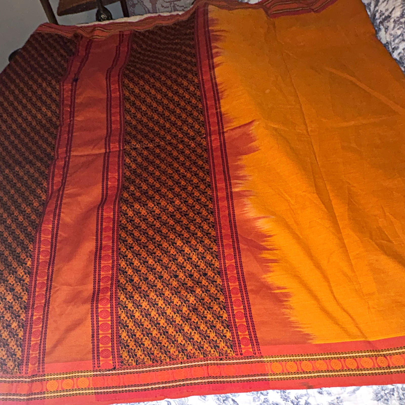 Womens Orange Red Black Gold Woven Synthetic Saree with Patterned Border