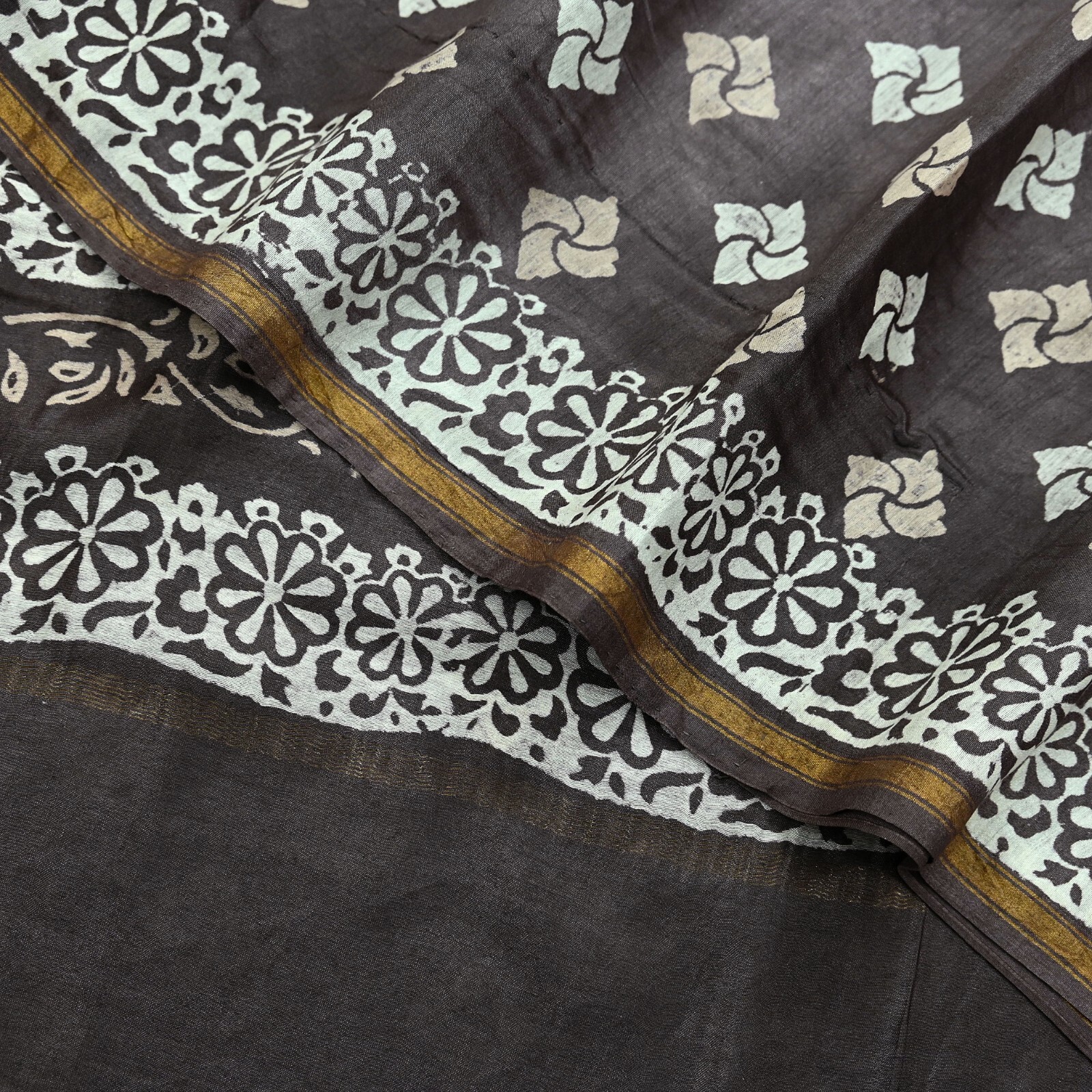 Indian Vintage Sari Brown & Ivory Pure chanderi Silk Block Printed Sarees Fabric