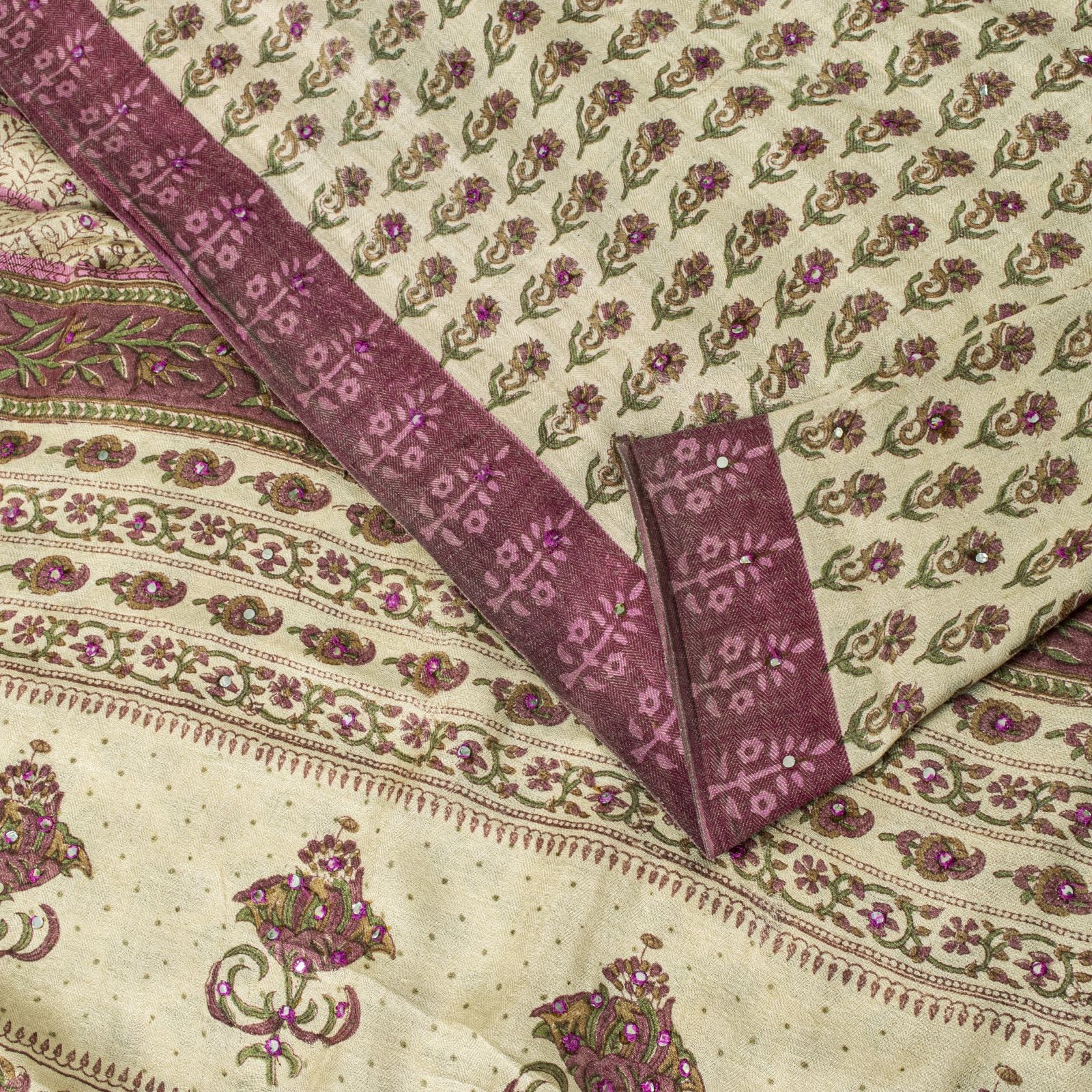 Sanskriti Vintage Saree Cream Pure Woolen Sanganeri Hand Block Print Sari 5.5+Yd